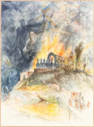 Un bâtiment ecclésiastique en flammes avec des démons au-dessus