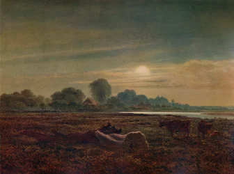 Scène de rivière au clair de lune, avec du bétail