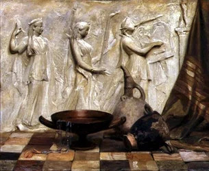 Un Skyphos, un Kylix, une cruche à vin et un collier égyptien par une frise grecque