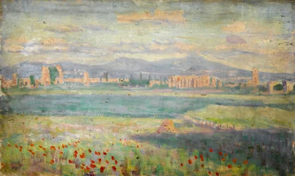 Paysage méditerranéen avec coquelicots au premier plan et ville fortifiée en arrière-plan