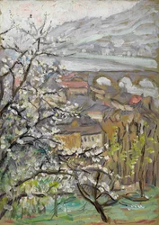 Vue à travers un verger sur un pont et un estuaire