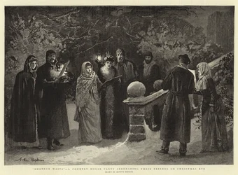 Amateurs en attente, une fête de maison de campagne sérénadant leurs amis la veille de Noël