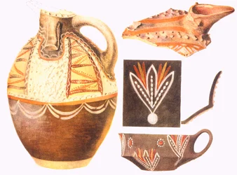 Reproductions de coupes et fragments colorés de Knossos