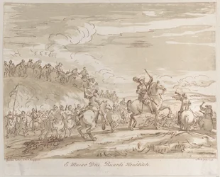 Cavalerie avançant à la charge, avec une figure centrale à cheval brandissant une épée, 1735
