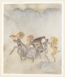 ACTE IV : Scène I, ligne 46 Chacun, trébuchant sur son orteil, sera ici avec balai et grimace. Nymphes.