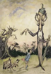 Un géant avec un enfant et deux corbeaux, illustration tirée de The Book of Betty Barber de Maggie Brown, publié en 1910, coloriée ultérieurement par Harry Rountree, 1878-1950, également une illustration pour le Book o
