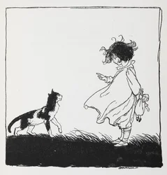 Une fille avec une poupée gronde son chat