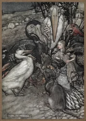 Alice et les animaux après la course du Caucus, y compris un dodo, un canard, un rat, une corneille et un perroquet