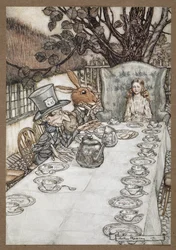 Alice au thé du Chapelier fou avec le Lièvre de Mars, le Loir et le Chapelier fou