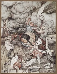 Alice dans une cuisine avec la Duchesse, un cuisinier et le Chat du Cheshire