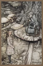 Alice parlant à la Chenille assise sur un champignon et fumant une pipe