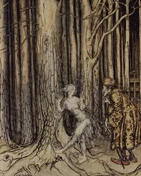 Enfin, elle rencontra le marié qui revenait lentement, illustration de Fitchers Bird de Petit Frère, Petite Sœur par les frères Grimm, 1917