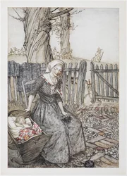 Au revoir, bébé bunting. Mère avec son bébé dans un berceau. Père partant à la chasse en arrière-plan.