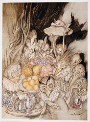 Enter several strange Shapes, bringing in a banquet ?.inviting the King, etc. to eat, illustration de La Tempête de William Shakespeare, pub. 1926