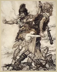 Fasolt saisit soudainement Freia et la traîne d