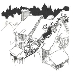 Père Noël dans son traîneau volant au-dessus des toits enneigés