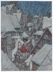 Père Noël voyageant dans les rues enneigées sur son traîneau