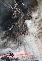 Furieusement Wotan chevauche vers le rocher. Illustration pour L