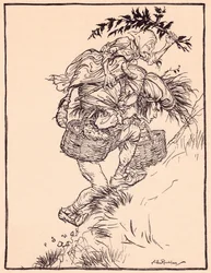 Gémissant continuellement, il gravit la montagne. Illustration par Arthur Rackham du Conte de Grimm, La Fille de l