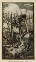 Gulliver capture la flotte ennemie, Illustration des Voyages de Gulliver par Jonathan Swift, par Arthur Rackham