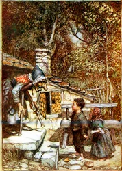 Hansel et Gretel et la sorcière sur le seuil de sa maisonnette