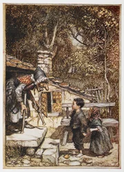 Hansel et Grethel à la maison de la vieille femme.
