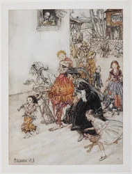 Écoutez ! Écoutez ! Les chiens aboient. Une collection de personnages, y compris un bouffon, des vieilles femmes et des enfants, marchant dans les rues