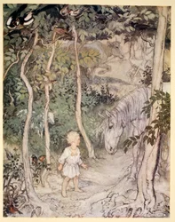 Il pourrait penser, en fixant un cheval qui le fixait : « Un garçon ne peut pas remuer la queue pour éloigner les mouches », illustration tirée de « Irish Fairy Tales » de James Stephens, 1920