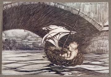 Il est passé sous le pont et est arrivé en vue complète des jardins délectables, de Peter Pan dans les jardins de Kensington par J M Barrie, pub. 1906