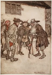 Il retrouva bientôt beaucoup de ses anciens compagnons, bien que tous plutôt usés par le temps., de Rip Van Winkle par Washington Irving, pub. 1910