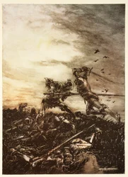Comment Mordred fut tué par Arthur, et comment Arthur fut blessé à mort, illustration du 