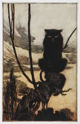 Illustration de Jorinde et Joringel représentant un chat noir.