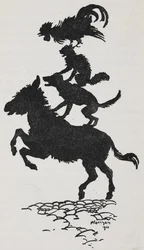 Illustration des Musiciens de Brême représentant un âne, un chien, un chat et un coq.