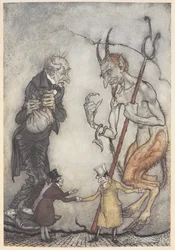 Illustration de Scrooge et du diable avec deux petits hommes en dessous d