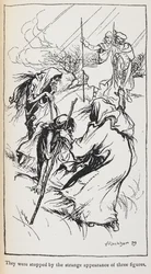 Illustration des trois sorcières, Macbeth et Banquo