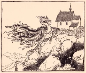 Il ne fallut pas longtemps avant que le dragon à sept têtes arrive, rugissant bruyamment. Illustration par Arthur Rackham du Conte de Grimm, Les Deux Frères.