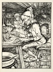 Pond ! rugit le géant et alors la poule pondit immédiatement un œuf en or massif, de The Arthur Rackham Fairy Book, pub. 1933