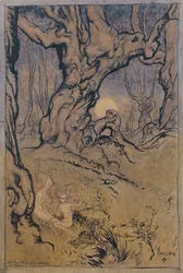 Fées au clair de lune dans un bois (encre et aquarelle)