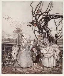 Mère et enfants revenant de la cueillette des pommes, de Rip Van Winkle par Washington Irving, pub. 1910
