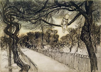 Peter Pan sur une branche, scène de Peter Pan dans les jardins de Kensington par J.M Barrie, 1912