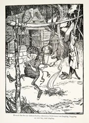 Autour du feu, un petit homme indescriptiblement ridicule sautait sur une jambe et chantait, des Contes de fées des frères Grimm, pub. 1909