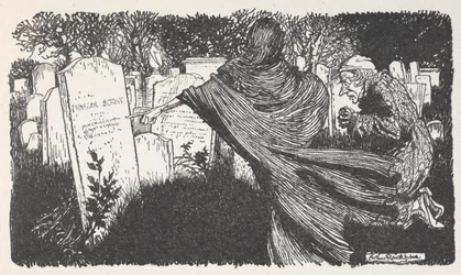 Scrooge et un fantôme dans un cimetière la nuit