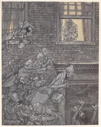 Scrooge à sa fenêtre regardant les fantômes dans la rue en dessous