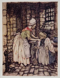 Elle arrangea le châle avec un pli professionnel et noua les ficelles du bonnet rouillé sous son menton, de Wind in the Willows par Kenneth Grahame (1859 - 1932), pub. 1940