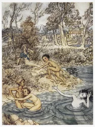 Elle rencontra tout un troupeau de petits enfants. Illustration en couleur pour l