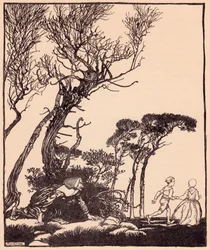 Elle les suivit secrètement, comme les sorcières le font. Illustration par Arthur Rackham du Conte de Grimm Petit Frère et Petite Sœur.