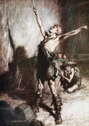 Siegfried forge son épée. Illustration pour Siegfried et Le Crépuscule des dieux de Richard Wagner