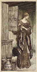 Sieglinde prépare la boisson de Hunding pour la nuit, illustration de "The Rhinegold and the Valkyrie" (L