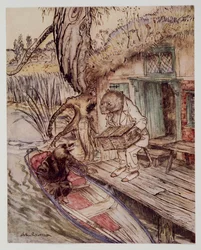 Mettez ça sous vos pieds, observa-t-il à la Taupe, en descendant dans le bateau, de Wind in the Willows par Kenneth Grahame (1859 - 1932), pub. 1940
