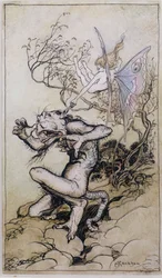 Sprite et monstre, une illustration de Contes de Shakespeare par Charles (1775-1834) et Mary Lamb (1764-1847) 1909